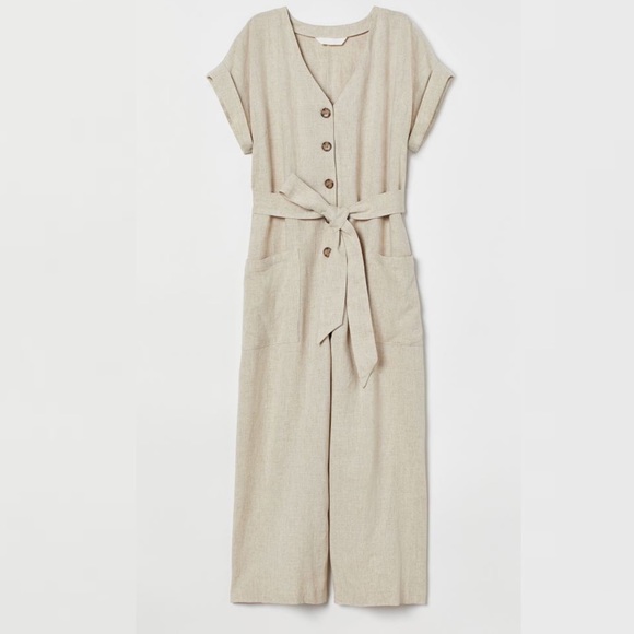 H&M Beige Linen Blend V Neck Button Front Jumpsuit Romper Size XL - Picture 4 of 16